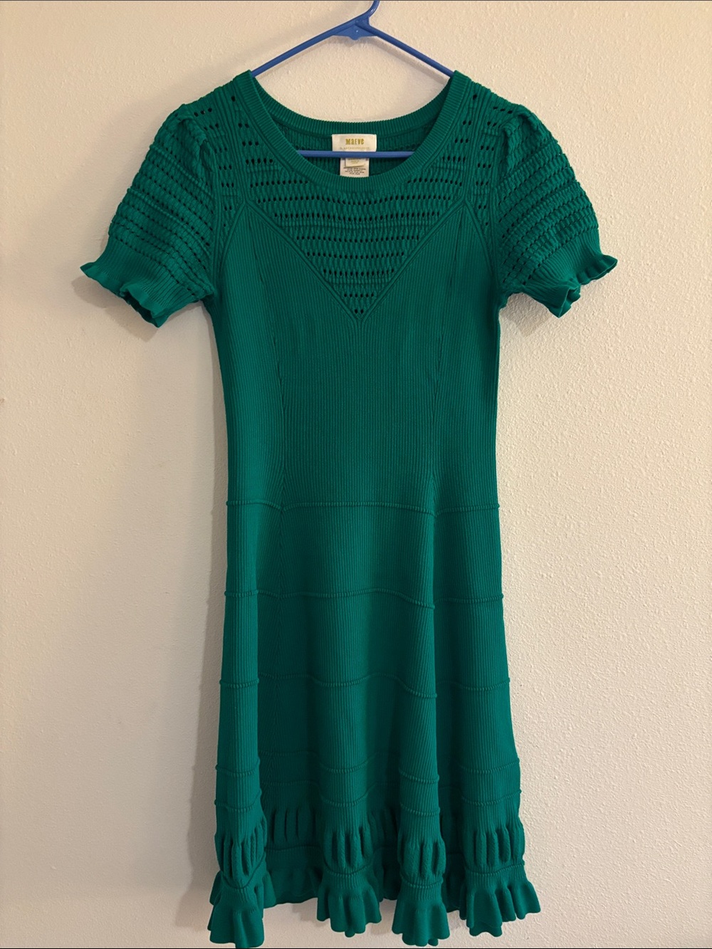 Maeve Green Knit Midi Dress with Openwork Details